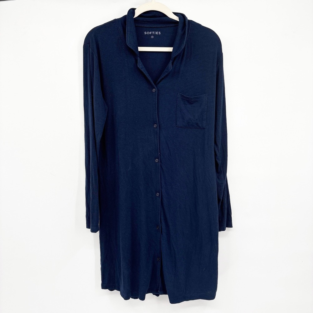 Softies Womens Navy Blue Ribbed Modal‎ Button Front Sleep Shirt Nightgown Size M